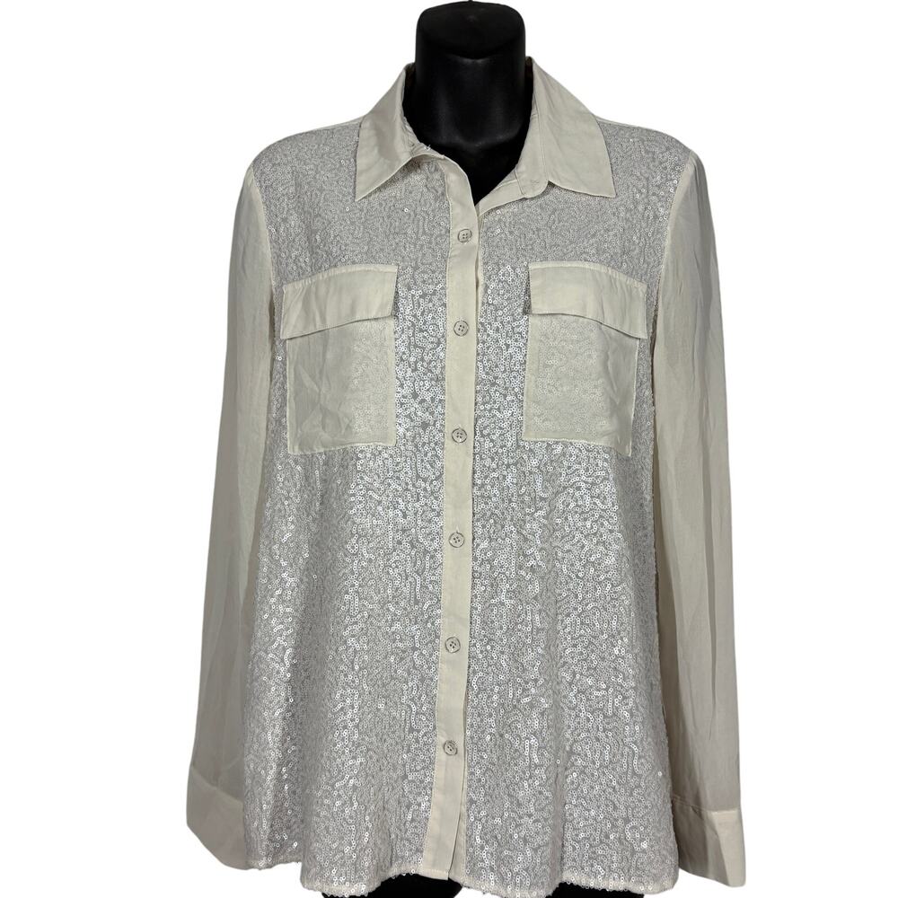 Kensie Y2K Sheer Sleeve Button Up Shirt Cream Sequin Casual Pockets - L